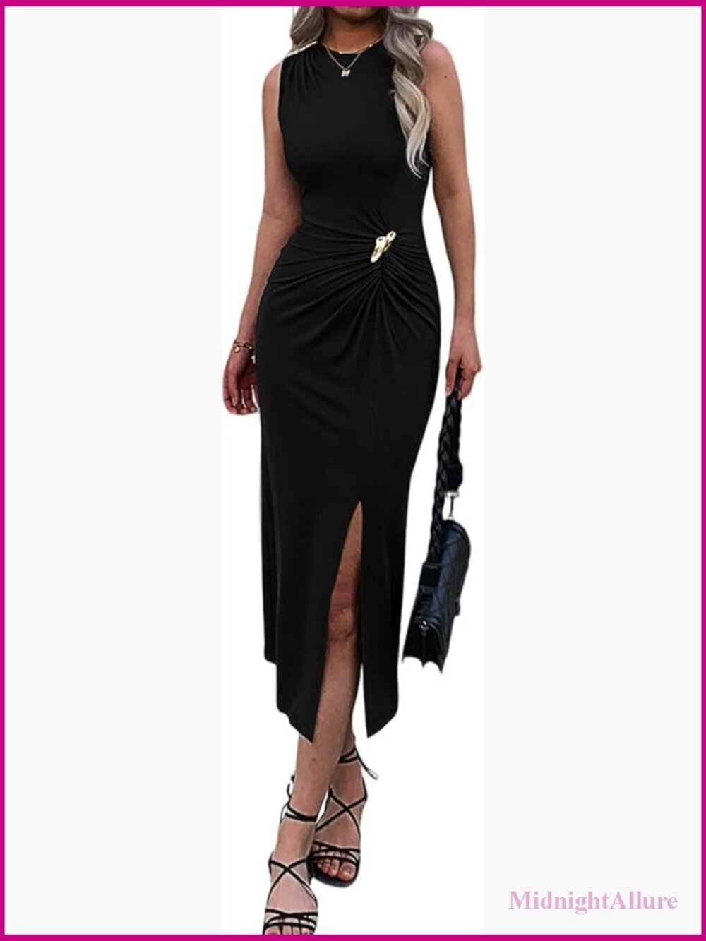 Sleeveless Ruched Bodycon Midi Dress Side Slit Wedding Guest Cocktail